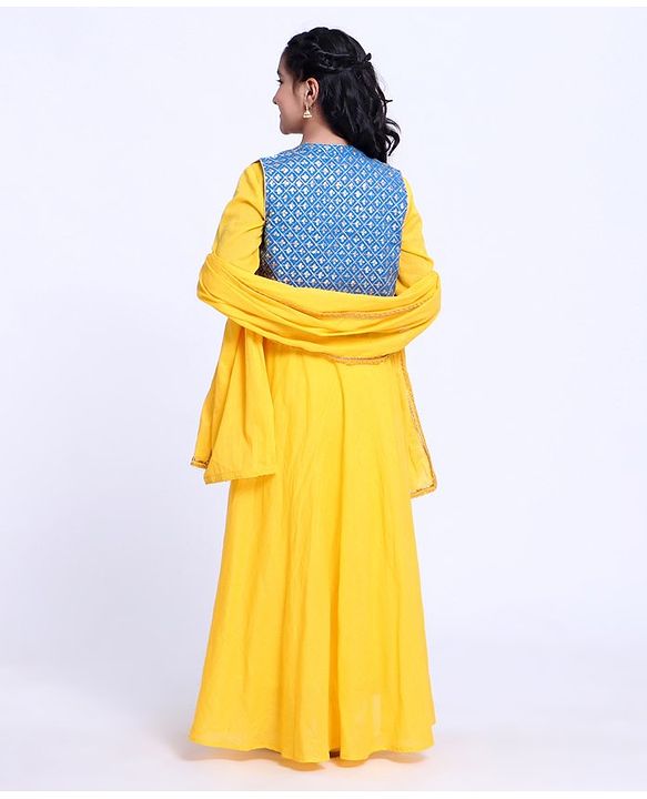 Pine Kids Full Sleeves Ethnic Kurti and Sequined Jacket with Dupatta - Yellow