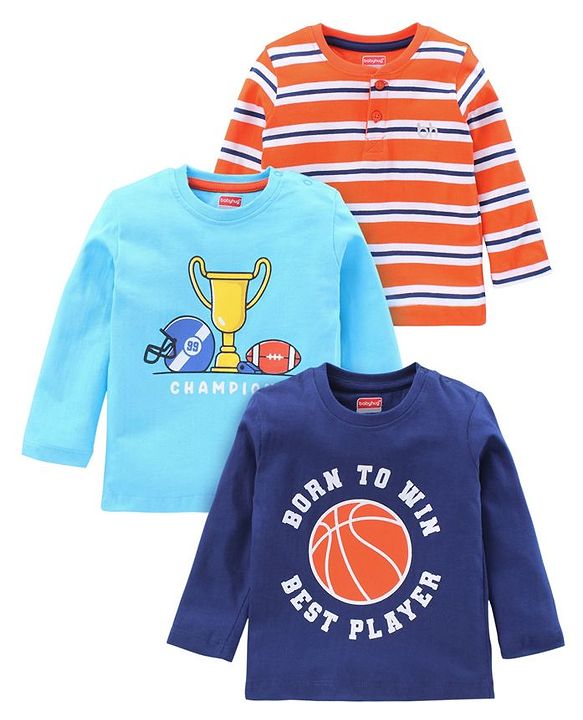 Babyhug Full Sleeves Printed Tee Pack of 3  - Sky & Navy Blue Red