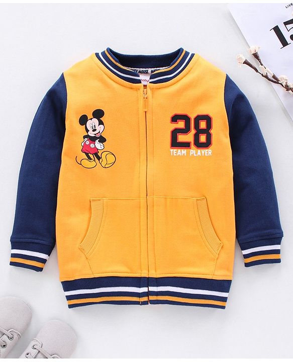 Babyhug Full Sleeves Sweat Jacket Mickey Mouse Print - Yellow Blue