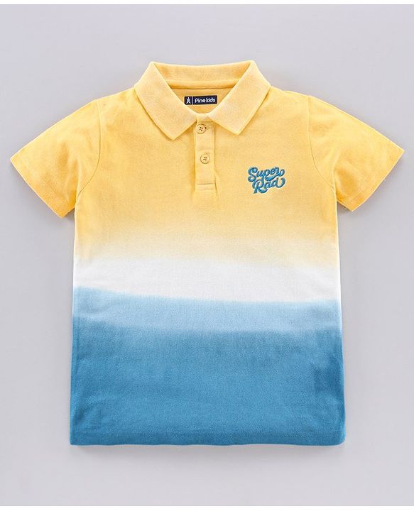 Pine Kids Half Sleeves Bio-Wash Tee Super Rad Embroidery - Yellow Blue