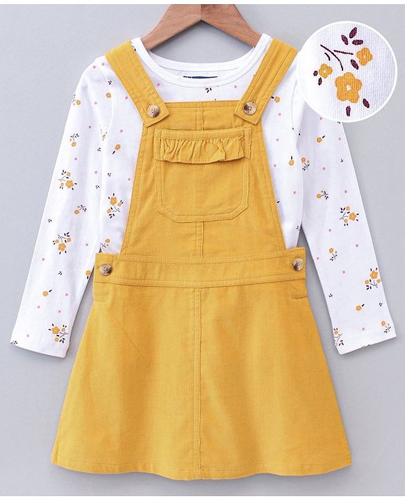 Pine Kids Bio Washed Floral Full Sleeves Tee with Dungaree Style frock - Yellow