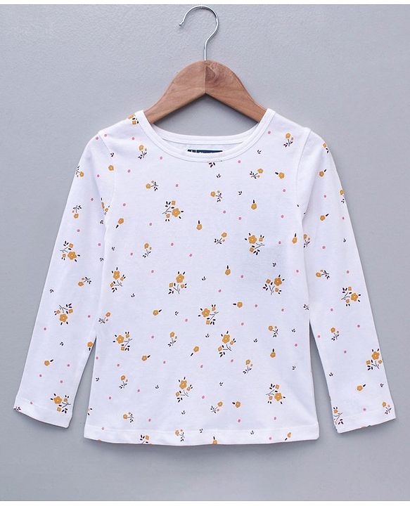 Pine Kids Bio Washed Floral Full Sleeves Tee with Dungaree Style frock - Yellow
