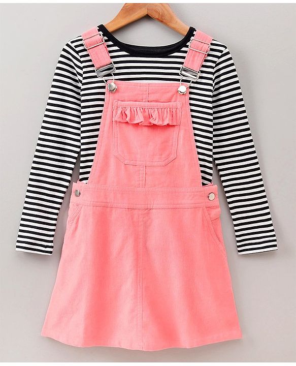 Pine Kids Bio Washed Striper Full Sleeves Tee with Dungaree Style Frock - Pink