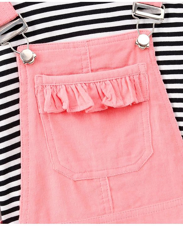 Pine Kids Bio Washed Striper Full Sleeves Tee with Dungaree Style Frock - Pink