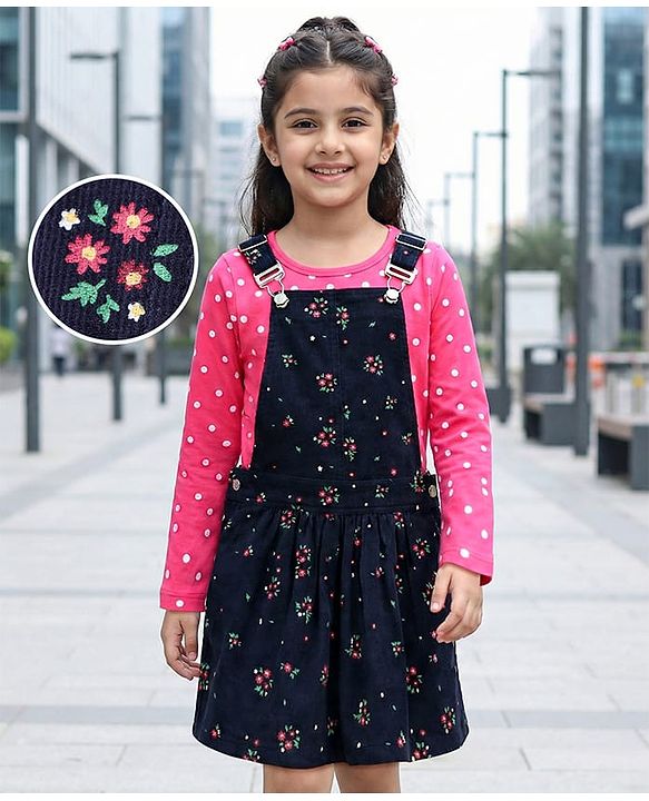 Pine Kids Bio Washed Polka dot Full Sleeves Tee with Dungaree Style Frock - Blue
