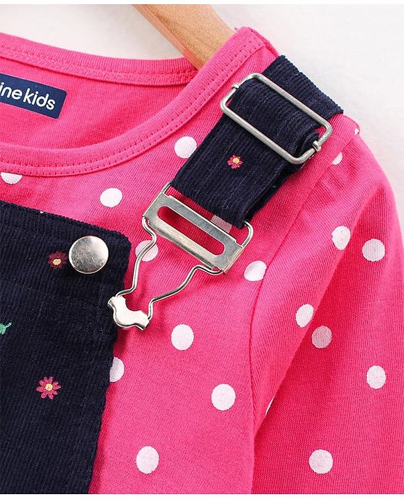 Pine Kids Bio Washed Polka dot Full Sleeves Tee with Dungaree Style Frock - Blue