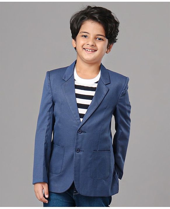 Pine Kids 100% Cotton Lycra Woven Full Sleeves Solid 3 Piece Party Suit With Striped Inner Tee - Blue