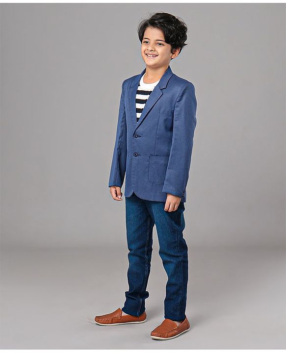 Pine Kids 100% Cotton Lycra Woven Full Sleeves Solid 3 Piece Party Suit With Striped Inner Tee - Blue
