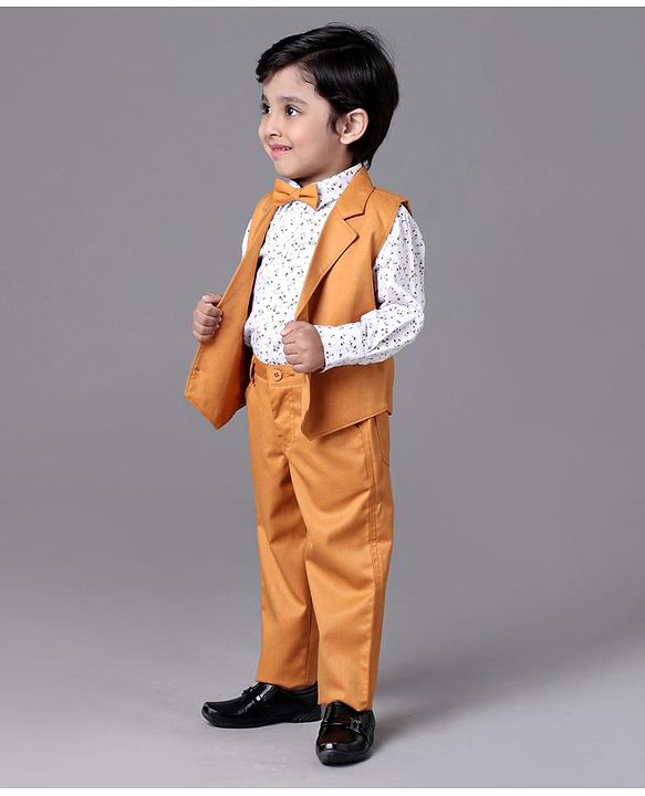 Babyhug Full Sleeves 3 Piece Party Suit with Bow - Yellow