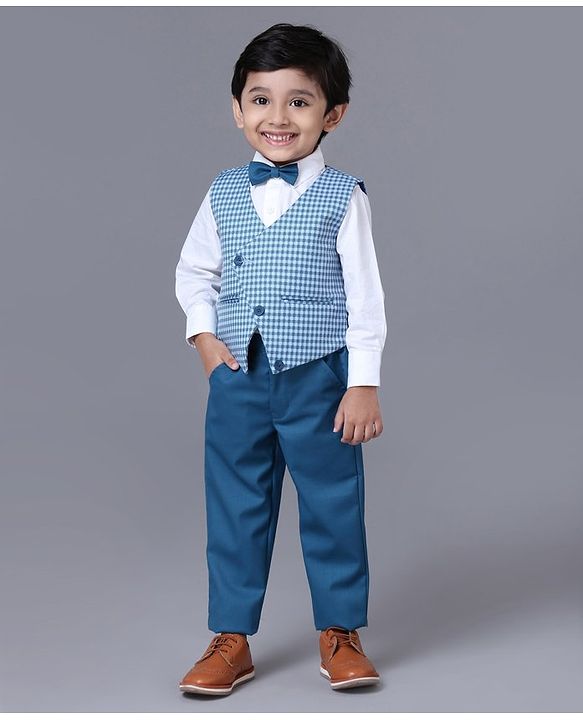 Babyhug 3 Piece Full Sleeves Checks Party Suit With Bow - Blue White