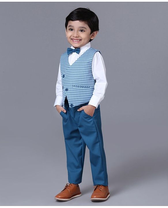 Babyhug 3 Piece Full Sleeves Checks Party Suit With Bow - Blue White