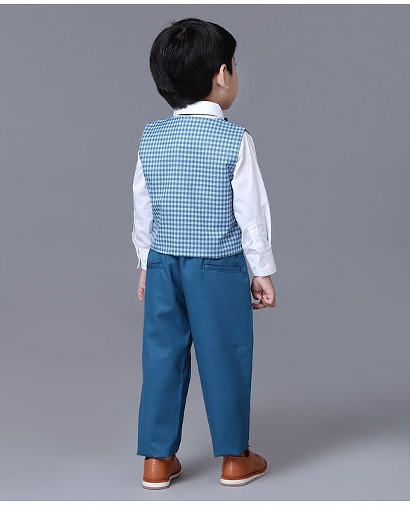 Babyhug 3 Piece Full Sleeves Checks Party Suit With Bow - Blue White