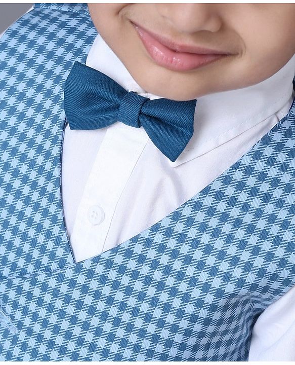Babyhug 3 Piece Full Sleeves Checks Party Suit With Bow - Blue White