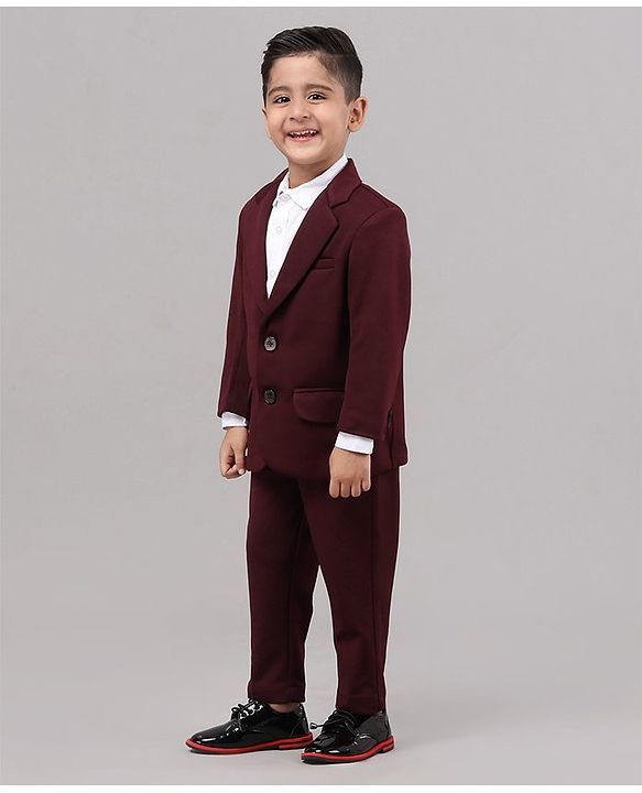 Babyhug Full Sleeves Solid Party Suit - Maroon White