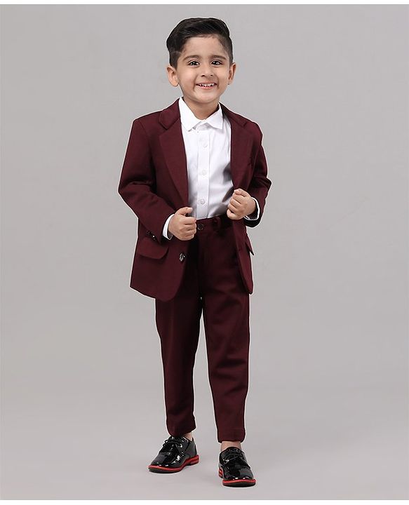Babyhug Full Sleeves Solid Party Suit - Maroon White