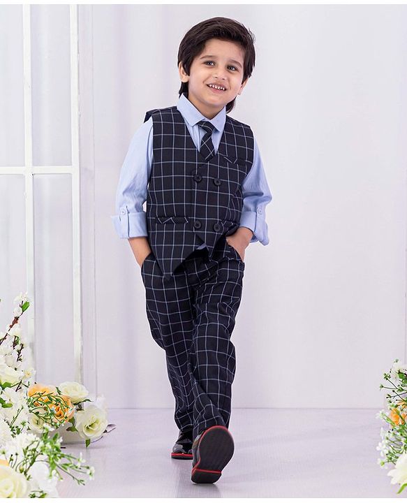 Babyhug Full Sleeves 3 Piece Party Suit Checked - Navy