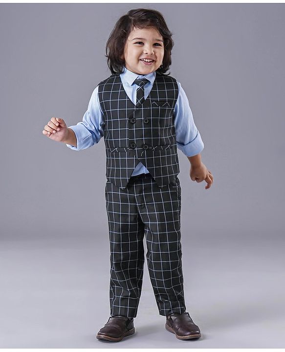Babyhug Full Sleeves 3 Piece Party Suit Checked - Navy
