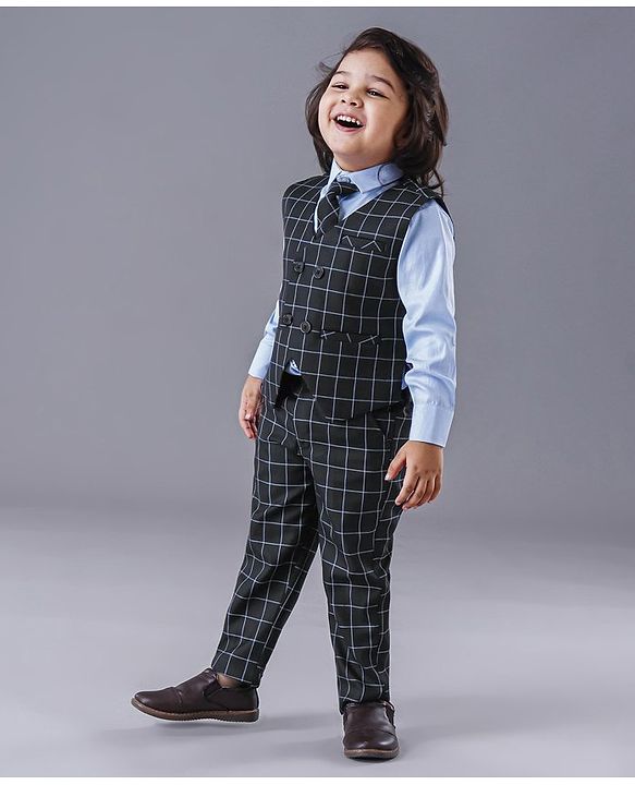 Babyhug Full Sleeves 3 Piece Party Suit Checked - Navy