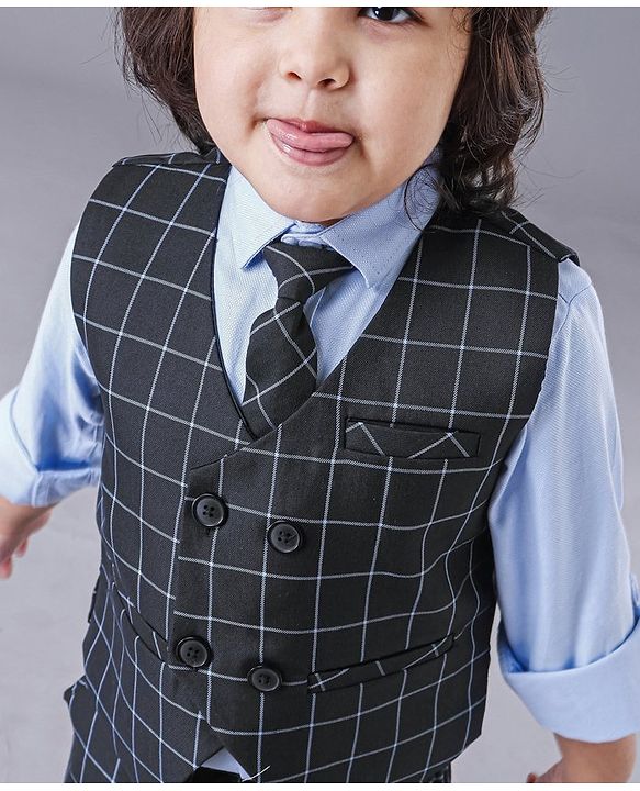 Babyhug Full Sleeves 3 Piece Party Suit Checked - Navy