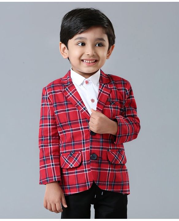 Babyhug Full Sleeves Party Wear Checked Blazer - Red