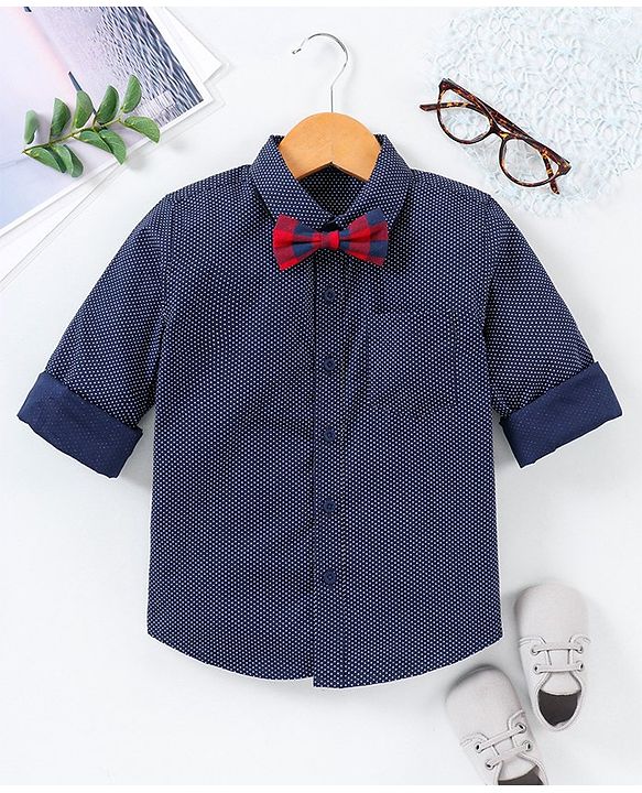 Babyhug Full Sleeves Party Shirt with Bow - Blue