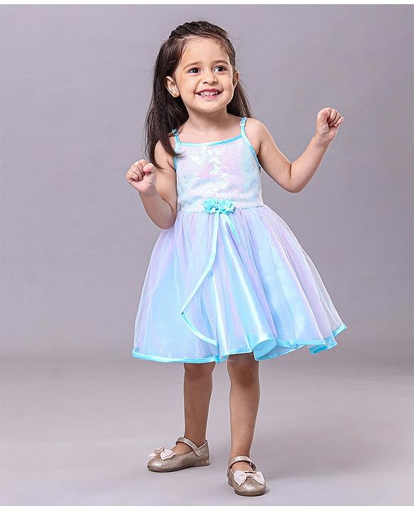 Babyhug Singlet Sleeves Frock With Bow Applique - Blue