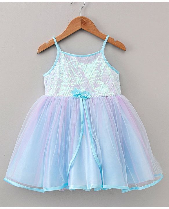 Babyhug Singlet Sleeves Frock With Bow Applique - Blue