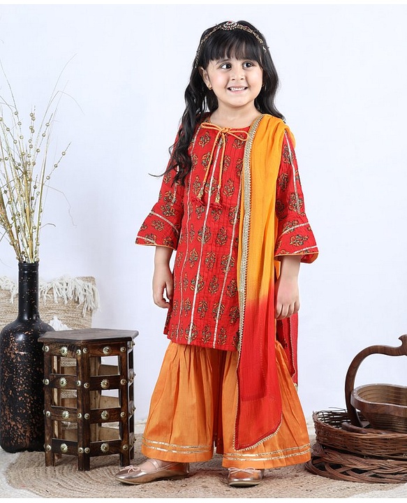 Babyhug Three Fourth Sleeves Kurti with Pant & Dupatta - Red
