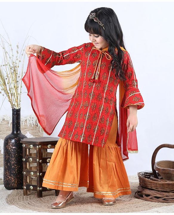 Babyhug Three Fourth Sleeves Kurti with Pant & Dupatta - Red