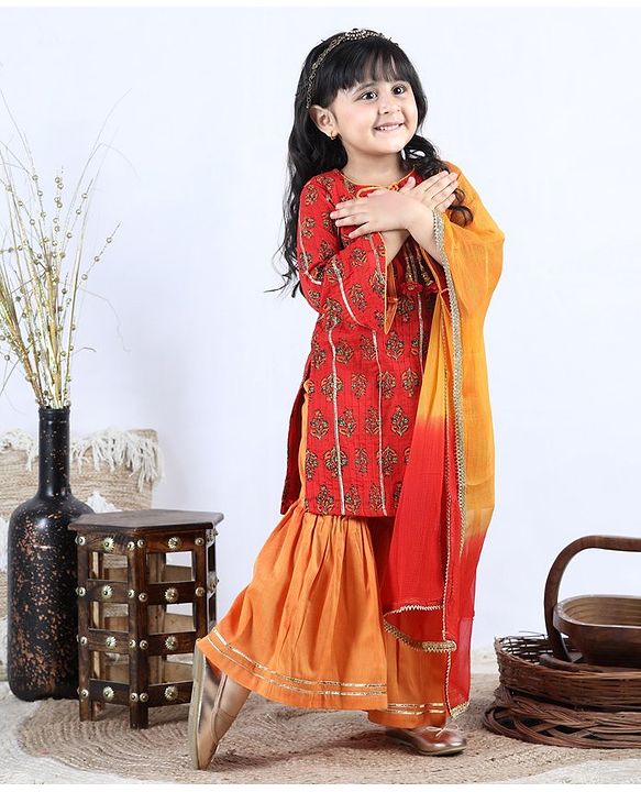 Babyhug Three Fourth Sleeves Kurti with Pant & Dupatta - Red