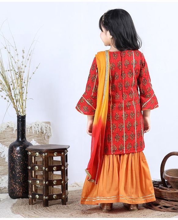 Babyhug Three Fourth Sleeves Kurti with Pant & Dupatta - Red