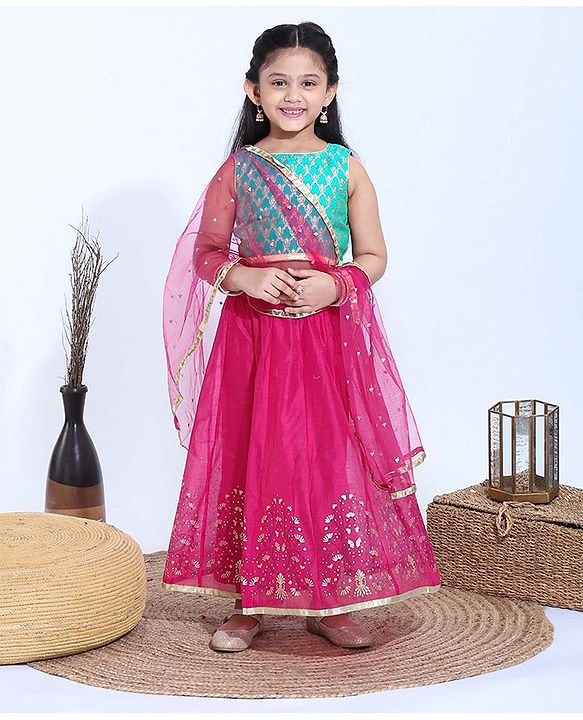 Babyhug Sleeveless Choli & Lehenga With Dupatta - Turquoise Green  Pink