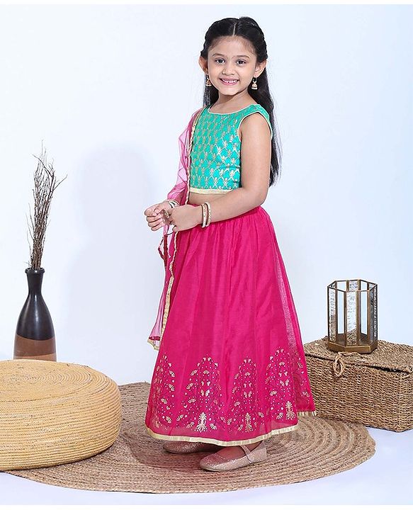 Babyhug Sleeveless Choli & Lehenga With Dupatta - Turquoise Green  Pink