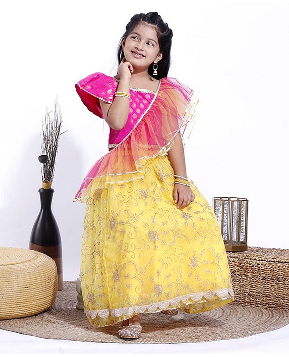 Babyhug Sleeveless Embroidered Choli & Lehenga With Dupatta - Pink Yelow