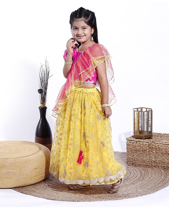 Babyhug Sleeveless Embroidered Choli & Lehenga With Dupatta - Pink Yelow