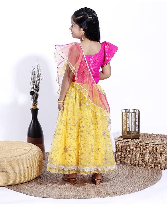 Babyhug Sleeveless Embroidered Choli & Lehenga With Dupatta - Pink Yelow