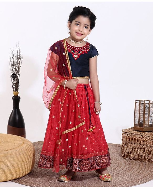 Babyhug Short Sleeves Choli & Lehenga with Dupatta - Blue Red
