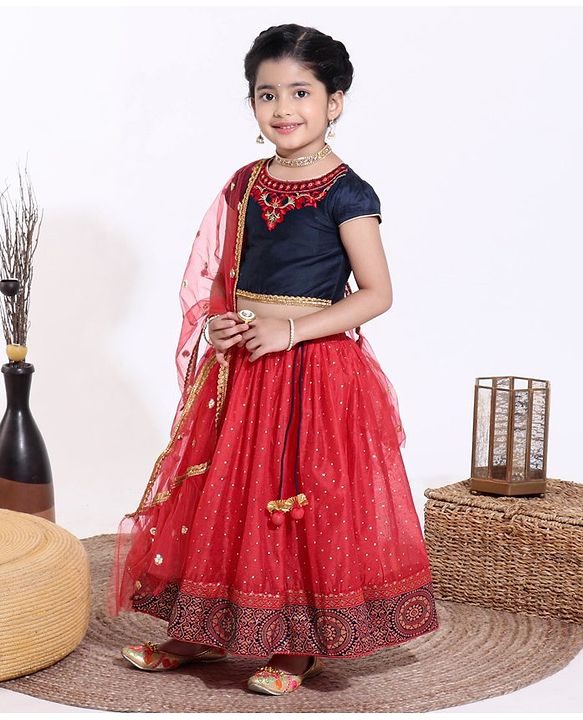 Babyhug Short Sleeves Choli & Lehenga with Dupatta - Blue Red