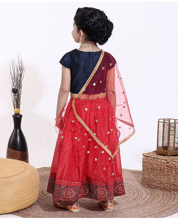 Babyhug Short Sleeves Choli & Lehenga with Dupatta - Blue Red
