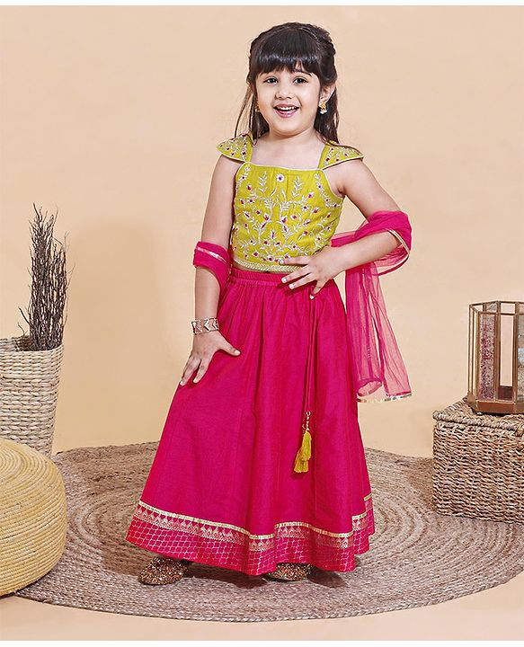 Babyhug Cap Sleeeve Choli Lehenga Dupatta Set Floral Embroidery - Fuschia Mustard