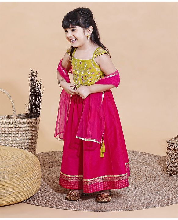 Babyhug Cap Sleeeve Choli Lehenga Dupatta Set Floral Embroidery - Fuschia Mustard