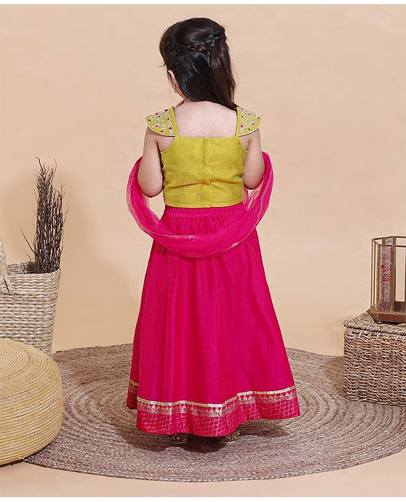 Babyhug Cap Sleeeve Choli Lehenga Dupatta Set Floral Embroidery - Fuschia Mustard