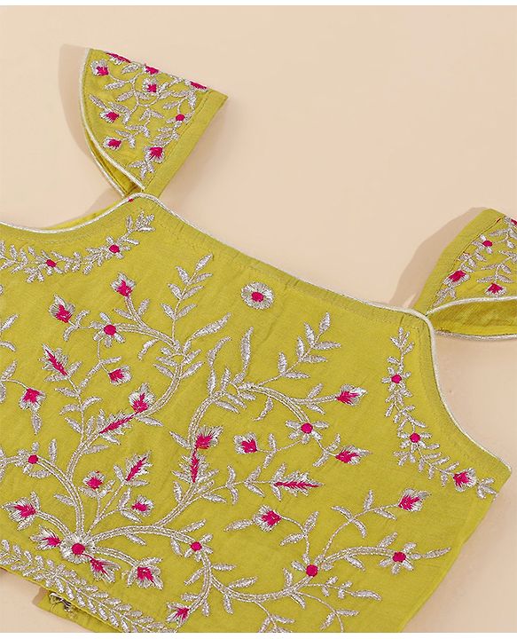 Babyhug Cap Sleeeve Choli Lehenga Dupatta Set Floral Embroidery - Fuschia Mustard