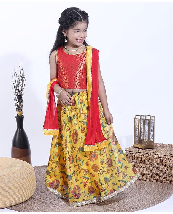 Babyhug Sleeveless Choli & Lehenga With Dupatta Floral Print -Red Yellow