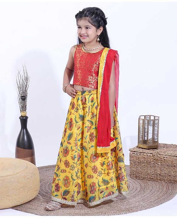Babyhug Sleeveless Choli & Lehenga With Dupatta Floral Print -Red Yellow