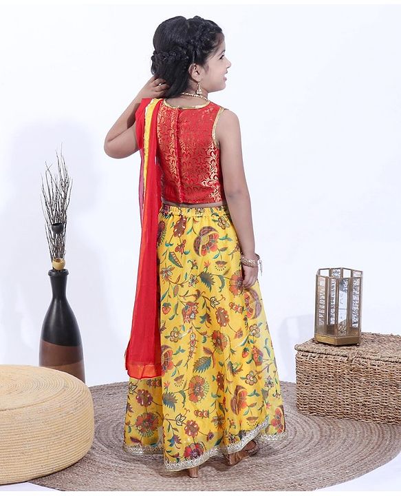 Babyhug Sleeveless Choli & Lehenga With Dupatta Floral Print -Red Yellow