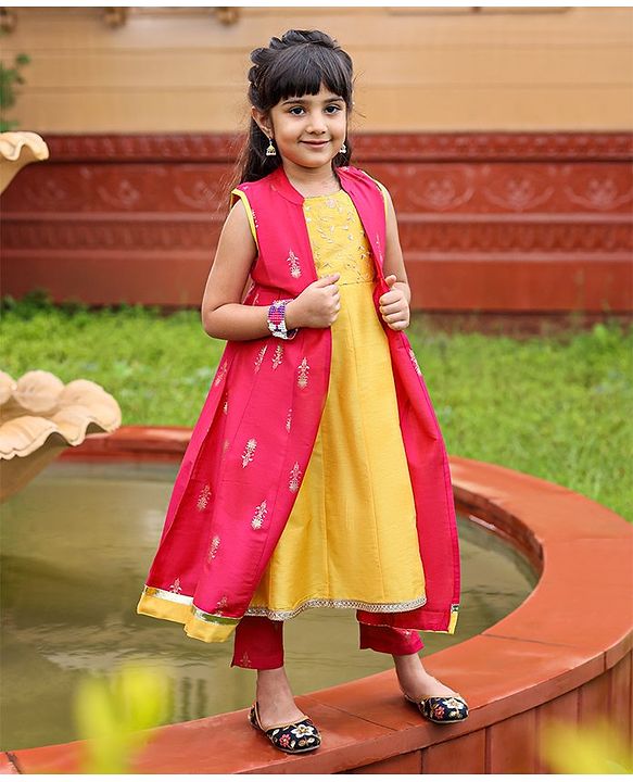 Babyhug Sleeveless Kurti & Shrug Floral Embroidery - Fuchsia Yellow