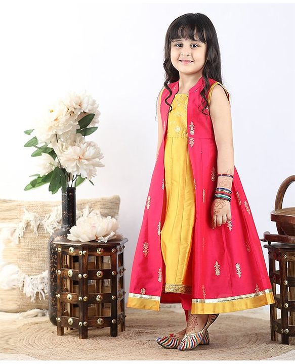 Babyhug Sleeveless Kurti & Shrug Floral Embroidery - Fuchsia Yellow
