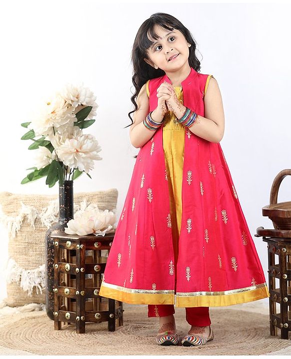 Babyhug Sleeveless Kurti & Shrug Floral Embroidery - Fuchsia Yellow