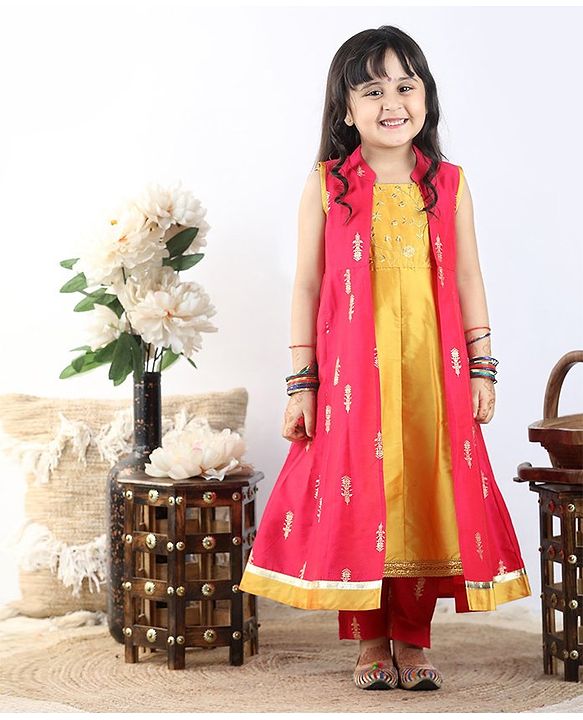 Babyhug Sleeveless Kurti & Shrug Floral Embroidery - Fuchsia Yellow